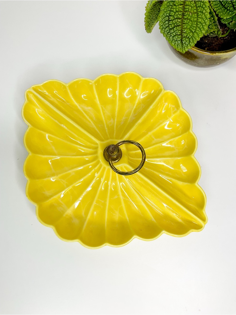 Vintage MIDCENTURY Butter Yellow Ceramic Scalloped Serving Tray with Brass Ring